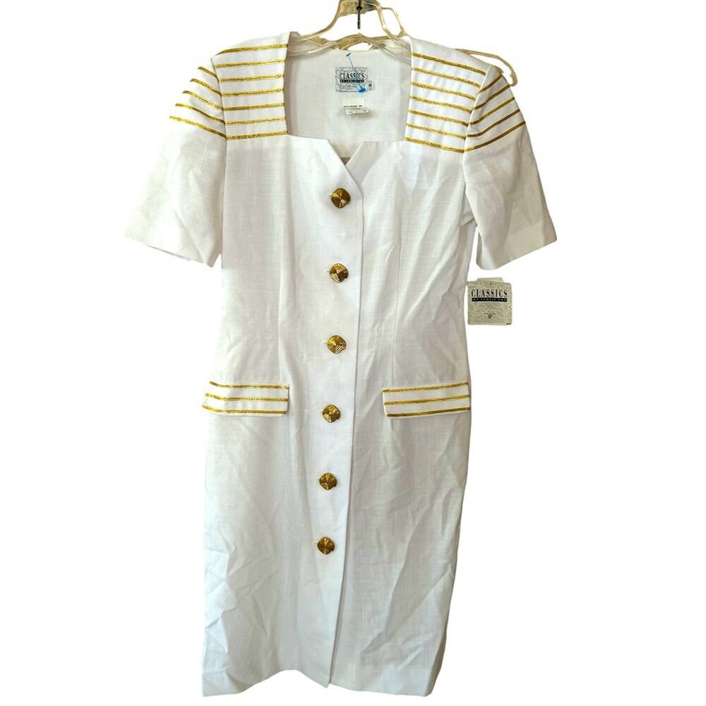 NWT Vintage 80s Classics Dress White and Gold Nautical Button Front Midi Size 8